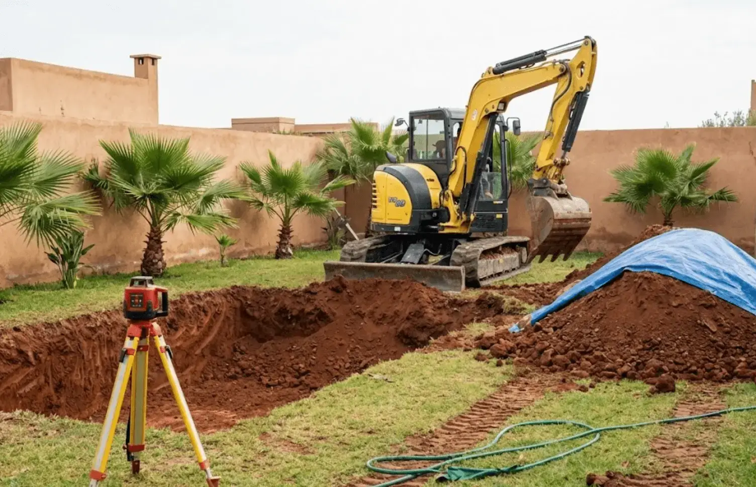 Pelleteuse creusant trou piscine enterrée terrain villa Nice